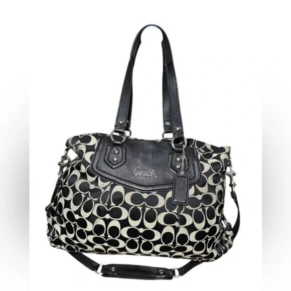 Coach Handbags - Coach Ashley Black and Cream Signature Pleated Satchel Tote Bag F19244